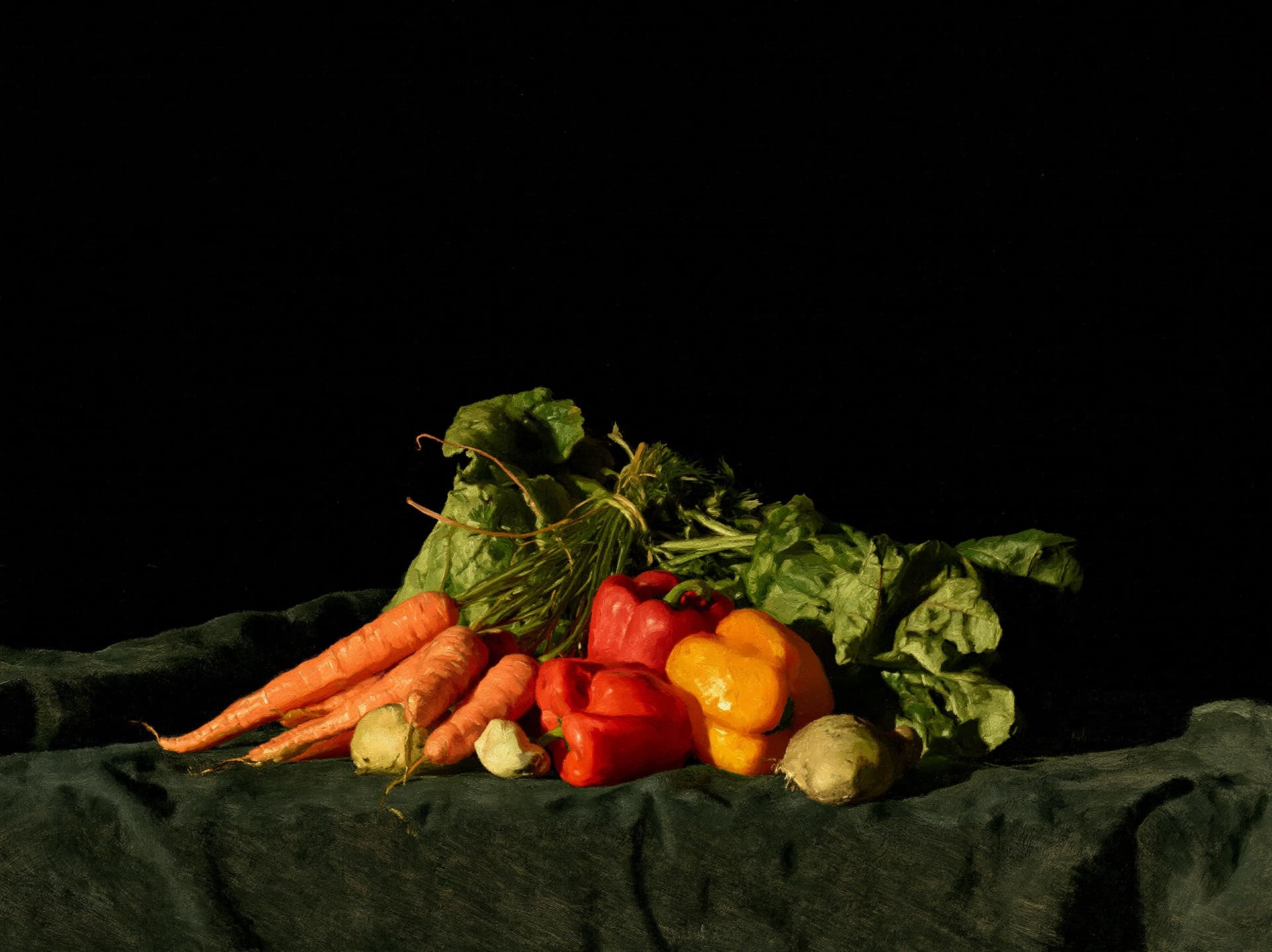 Fresh vegetables arranged against a dark background.